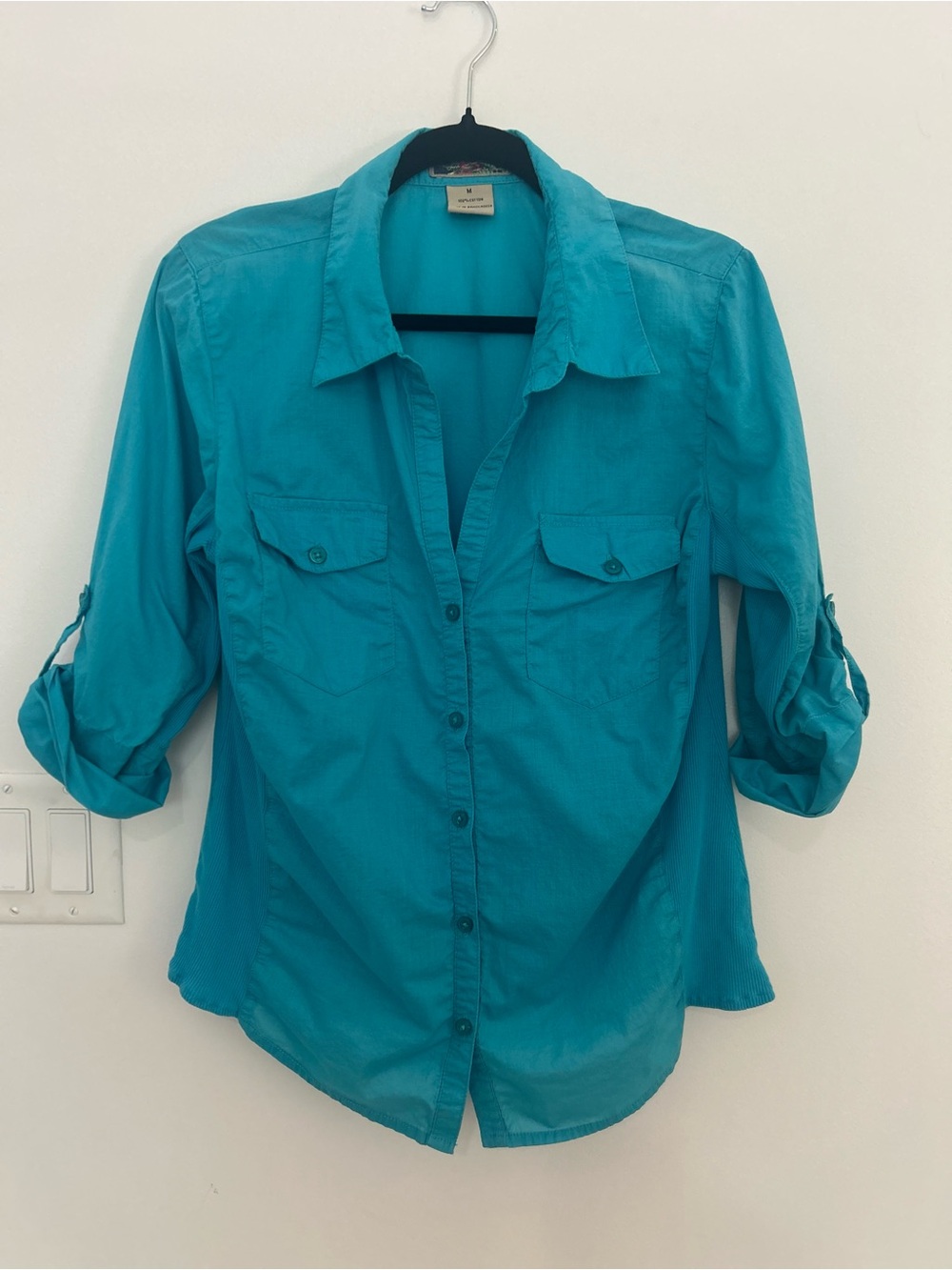 Caribbean Joe Womens M Turquoise Button Down Shirt 100% Cotton Roll Tab Sleeve